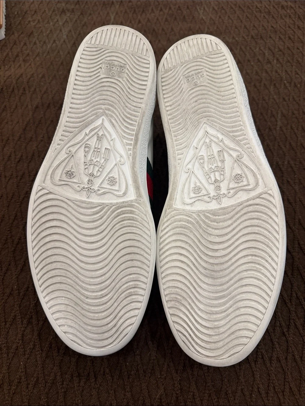 Gucci White Leather Ace Sneakers with Red & Green Web with embroidered bee.